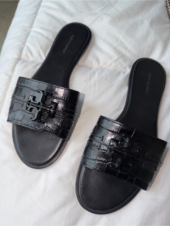Tory Burch Shoes - Tory Burch Black Croc-Embossed Slide Sandals with Logo Accent